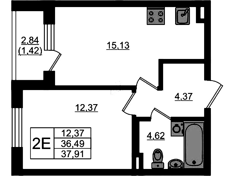 1-комнатная квартира 37.91 м², 1/4 эт., ЖК «Новая история»